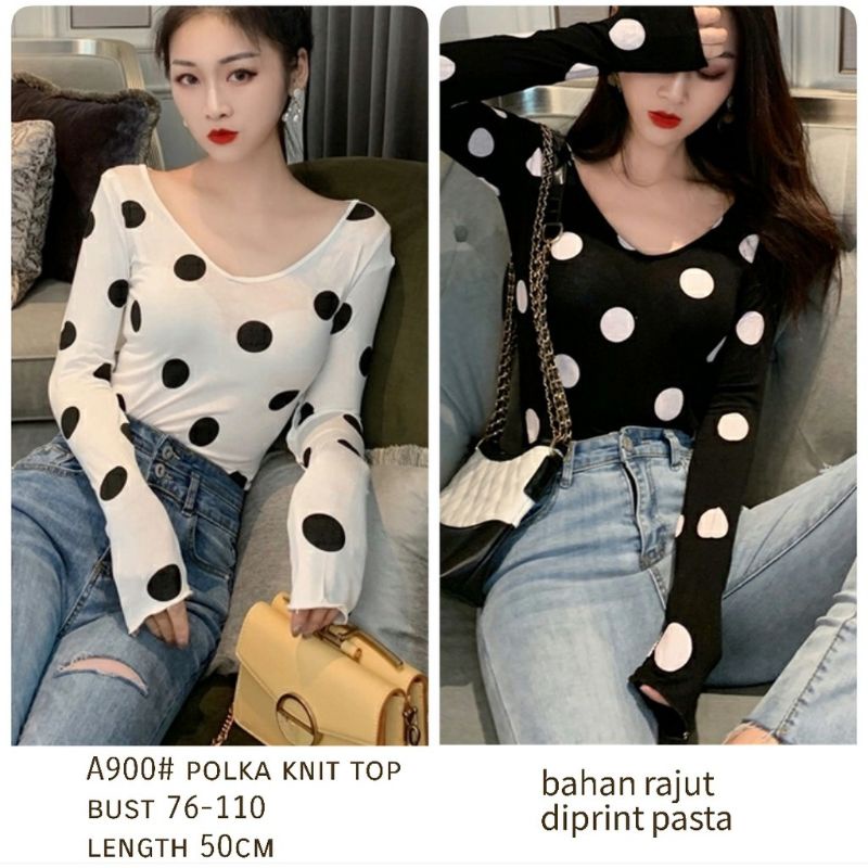 MDLV ~ A900 Polka Knit Top Korea terbaru Atasan Lengan Panjang Polkadot Atasan Rajut Polka Baju Rajut Polka Atasan Premium Baju Import Blouse Import Blouse Polkadot Fashion Import