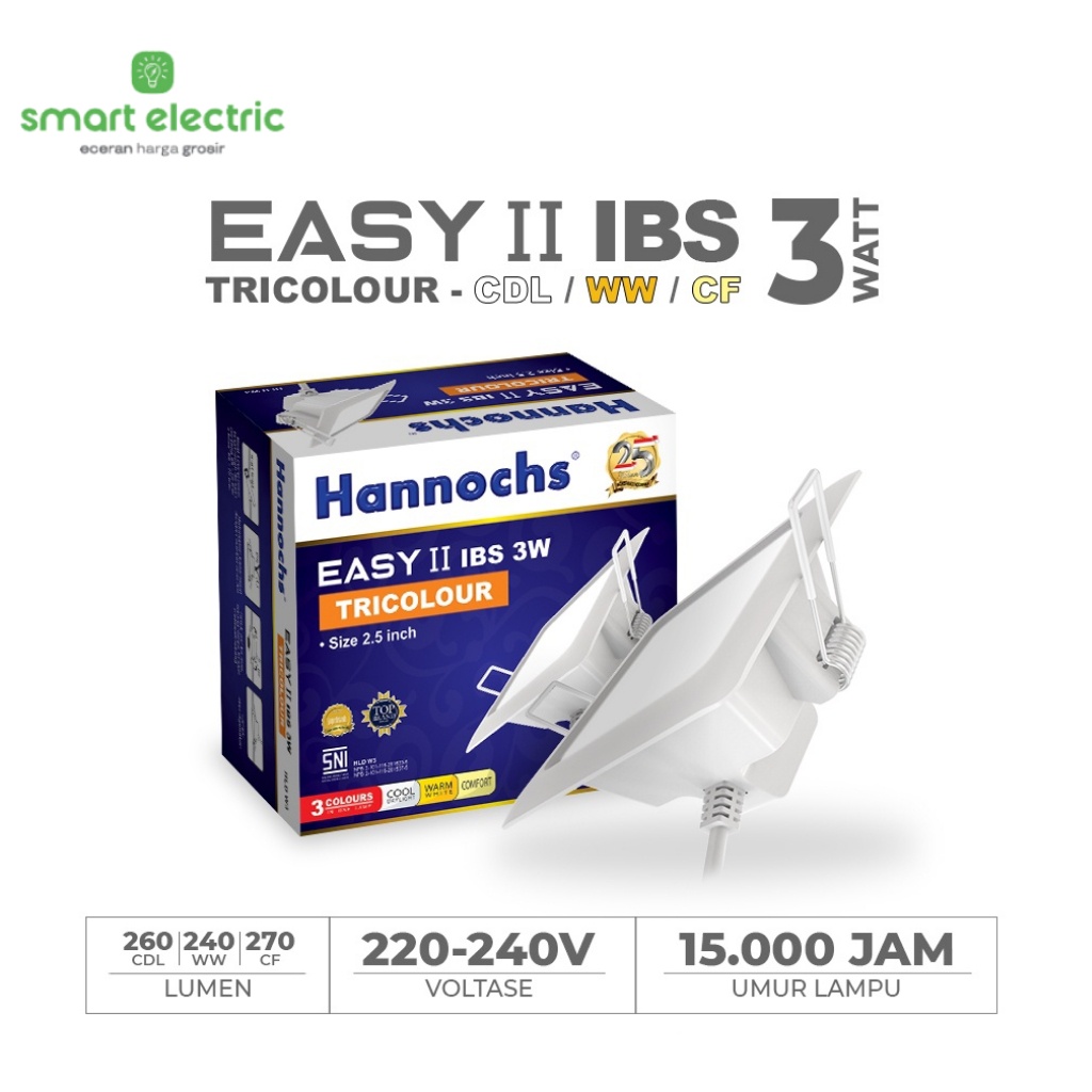 Hannochs Easy Tricolour 3 Watt Lampu Downlight Kotak LED Ceiling Tanam Plafon