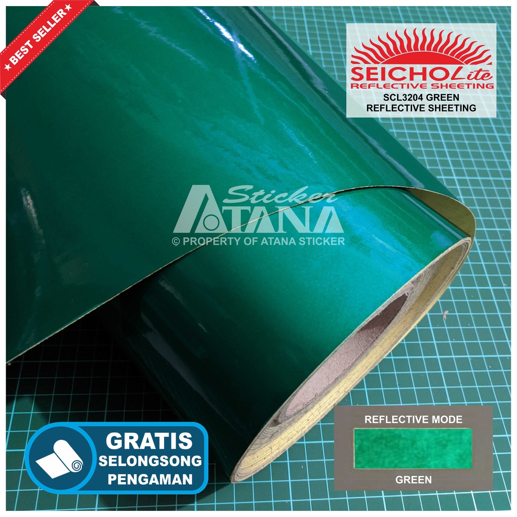 Bahan Stiker Cutting Hijau Skotlet Reflektif Fosfor Green Seicholite Reflective Sheeting Nyala Printing Sticker Material Scotchlite Scolite Scotlet Sechotlite Memantulkan Cahaya Flash Malam Hari Mata Kucing Mesin Plotter