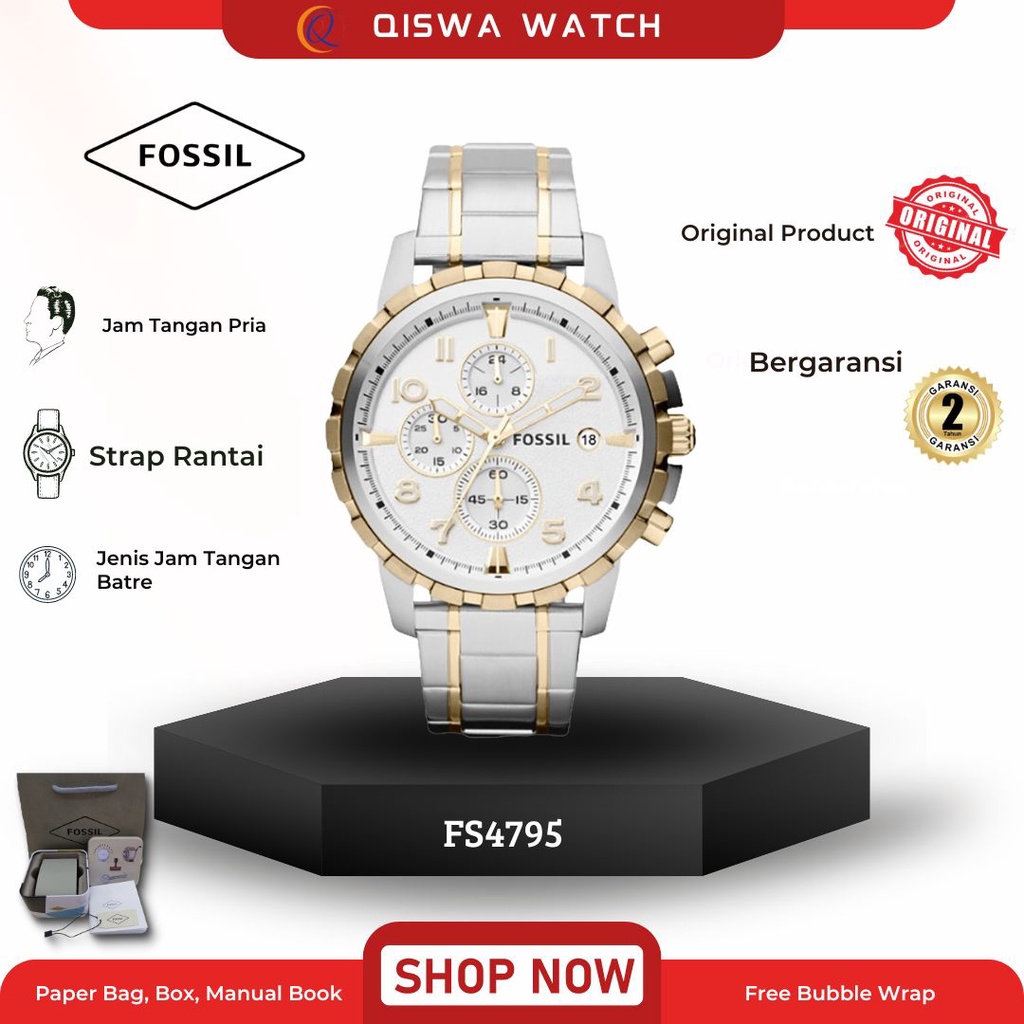 Jam Tangan Pria Fossil FS4795 Chronograph Stainless steel Silver Golld