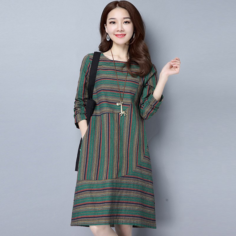 Dress Midi Model Longgar Lengan Panjang Gaya Korea Casual Bahan Katun Linen untuk Wanita