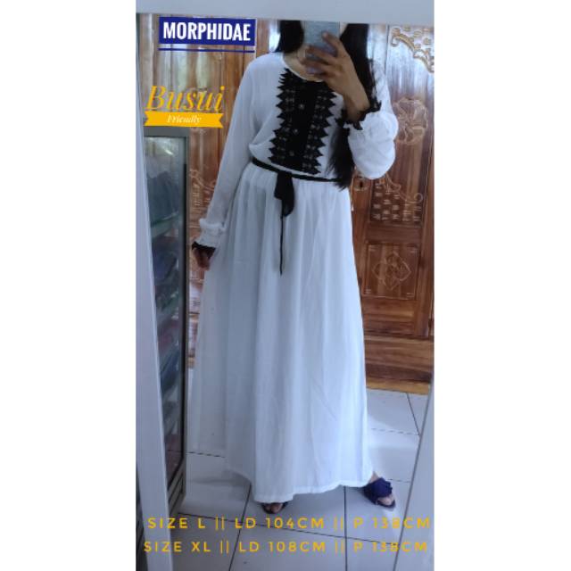 Morphidae L XL gamis jubah wanita remaja perempuan putih lebaran muslim hijaber syar'i