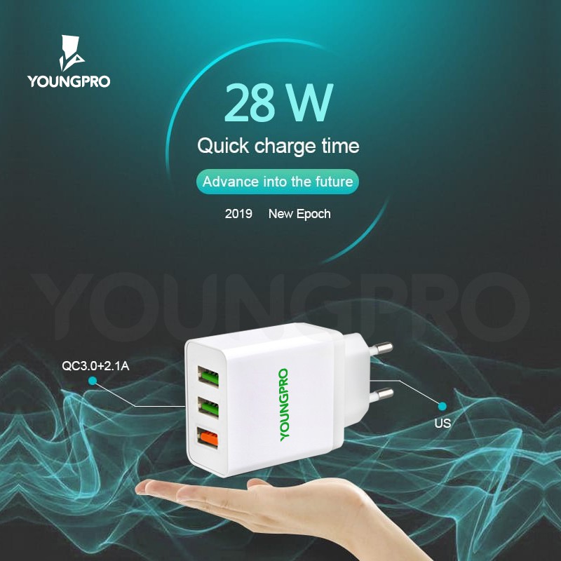 (BERGARANSI 1 TAHUN) YOUNGPRO YPC03 Charger 28W 3 Port Quick Charge QC 3.0 Fast Charging Kepala Cas HP Murah Warna Putih