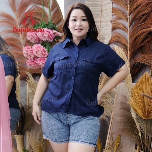 KEMEJA WANITA JUMBO BIG SIZE POLOS LENGAN PENDEK BAJUBUNDA RENATA-NAVY