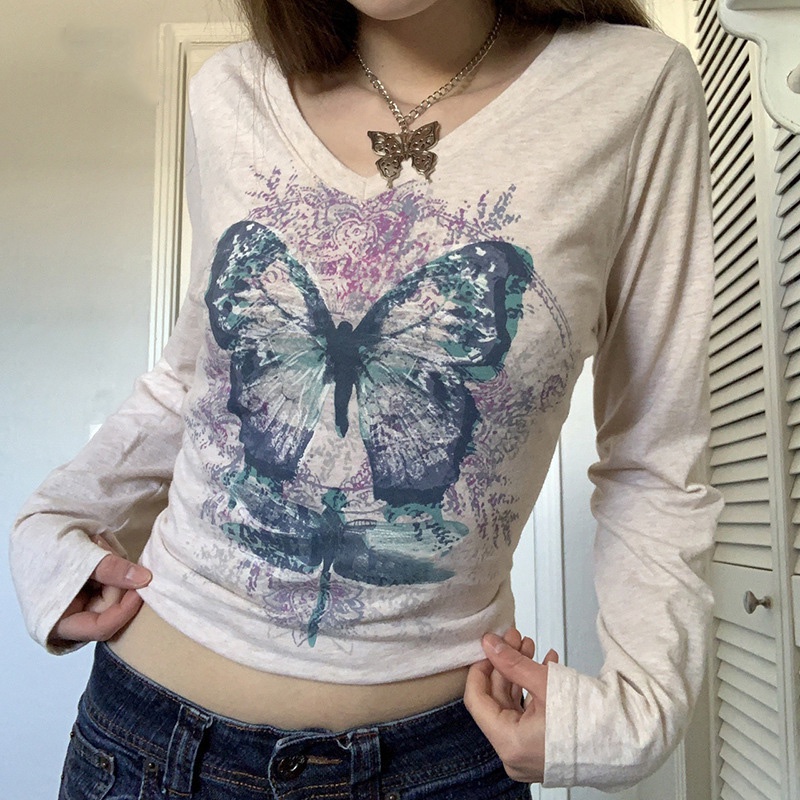 Retro loose long-sleeved butterfly print T-shirt Grunge Fairy Image, streetwear, Indian aesthetic cl