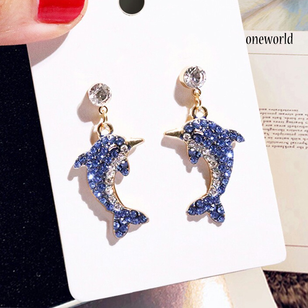 OW@ Cute Dolphin Shape Shiny Full Rhinestone Inlaid Women Stud Earrings Jewelry Gift