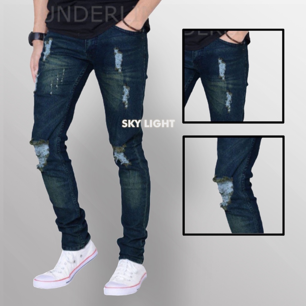 Celana Jeans Pria Sobek Panjang Cakar Ripper Lutut Bolong Denim Distro Levis Cowo Cowok Big Size M L