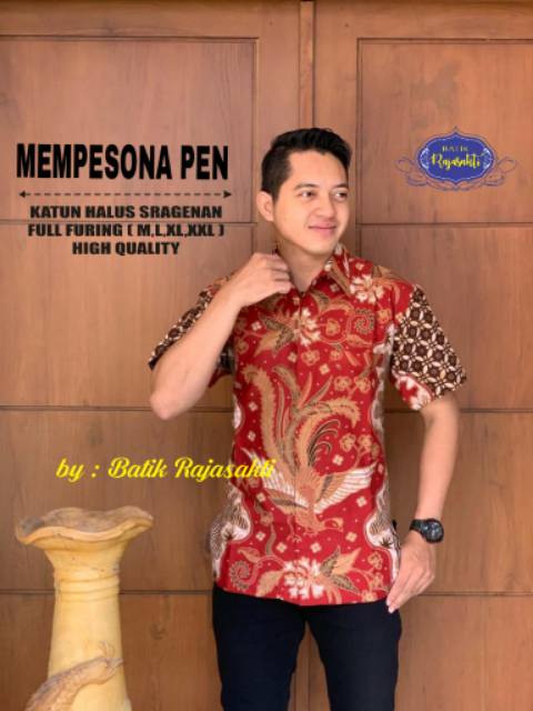 Batik Solo BURUNG MERAH MEMPESONA Kemeja Pria Katun Halus Sragenan Full Furing