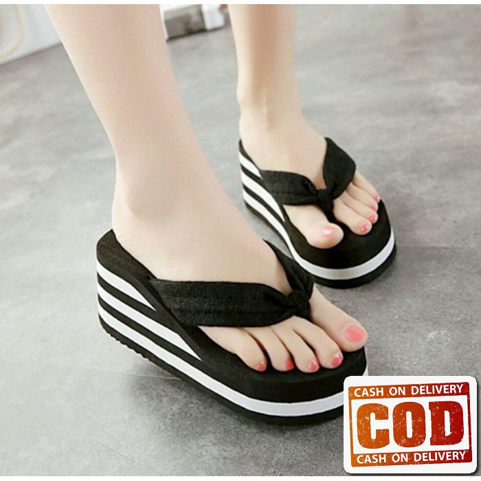 Sandal Wanita Wedges Alona Putih Tinggi 12Cm Sendal Wejes Pesta S SK441  Belang Hitam - Hitam, 36
