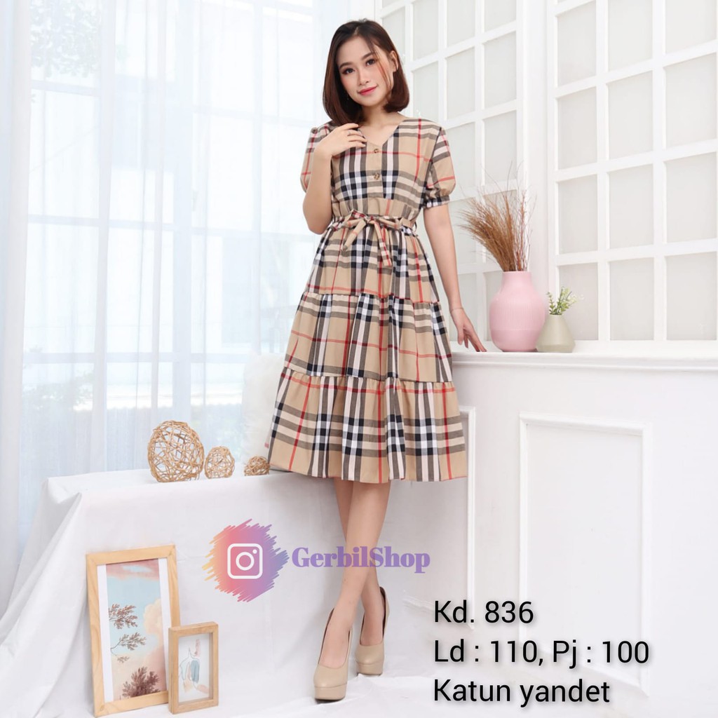 Dress Wanita Xxl Kotak Burberry Bahan Katun Yandet Kd836 Gs310 | Shopee Indonesia