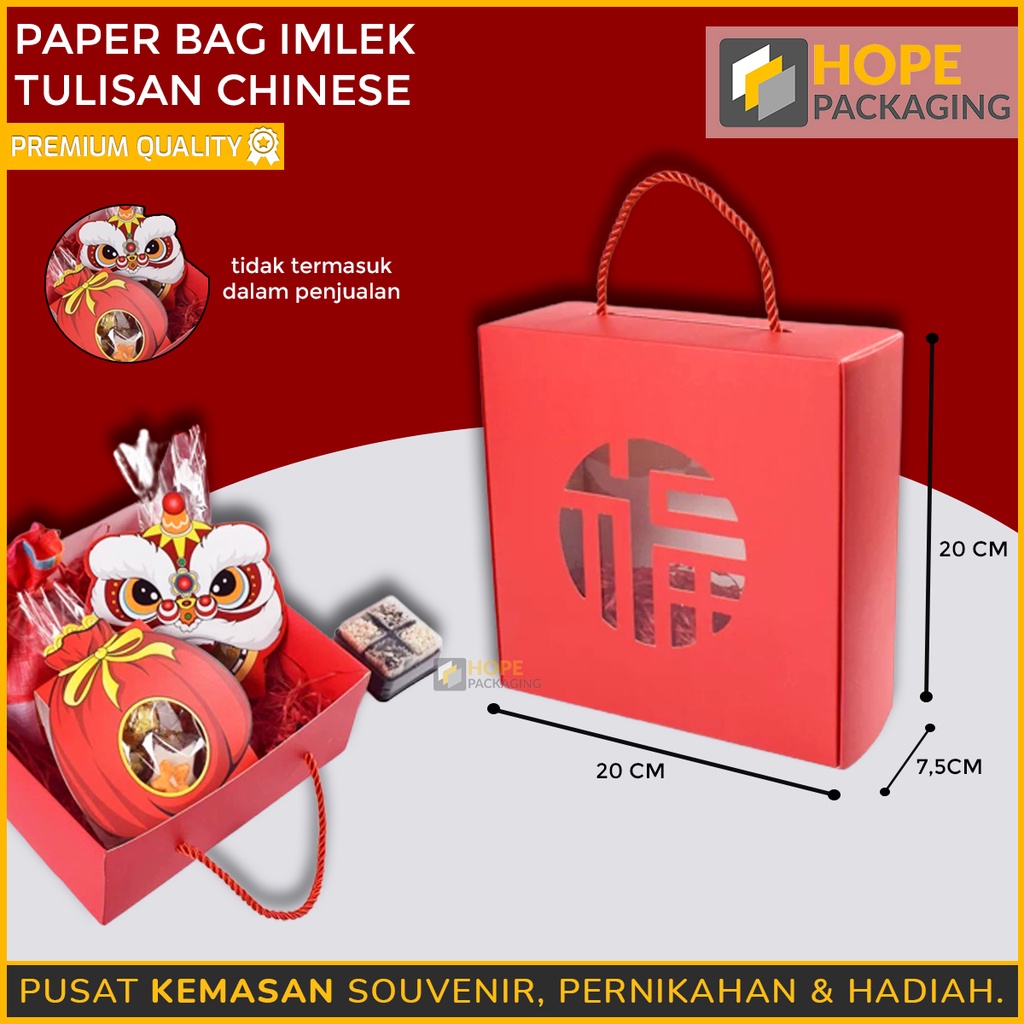 Paper Bag Merah Imlek Tulisan Chinese / Tas Souvenir Cookies Kotak Kue Merah Cake Box