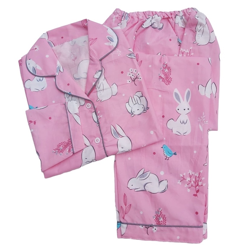 BAJU TIDUR WANITA LENGAN PANJANG / PIYAMA WANITA CANTIK BAHAN KATUN MOTIF KOTAK GUILEN PP-PP CUTE RABBIT PINK