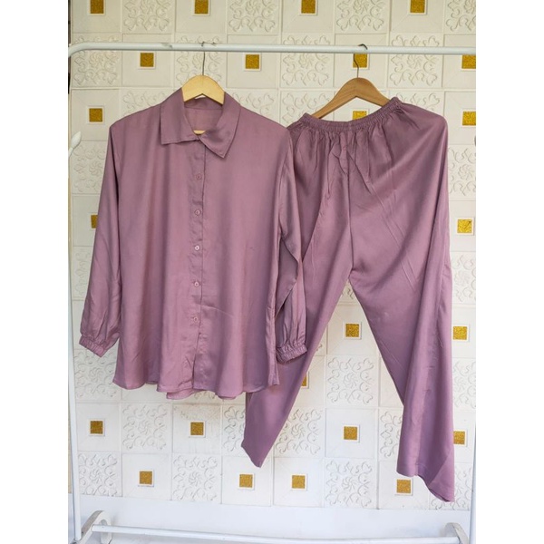 TPKK One Set Kerah Piyama Wanita Kekinian Rayon polos Pajamas Tangan Panjang Lengan Kerut Karet