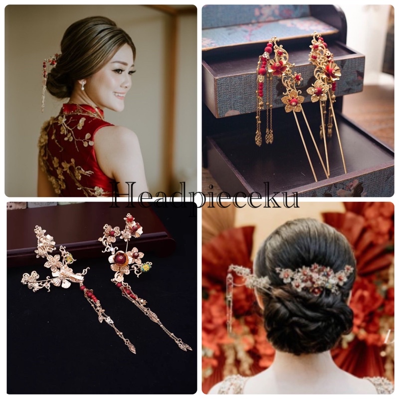 Sora Chinese Hairpin set Headpiece oriental sangjit sirkam tusuk konde merah engagement headpieceku