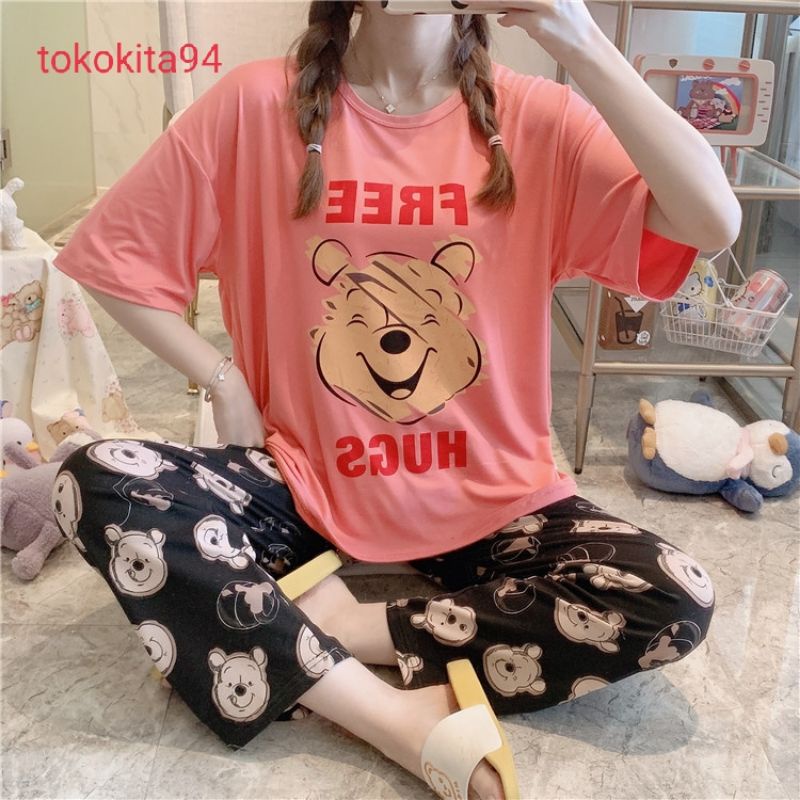 Piyama Import Wanita Lengan Pendek 1 Set Korea - Piyama Baju Tidur Lembut - Pakaian Tidur e