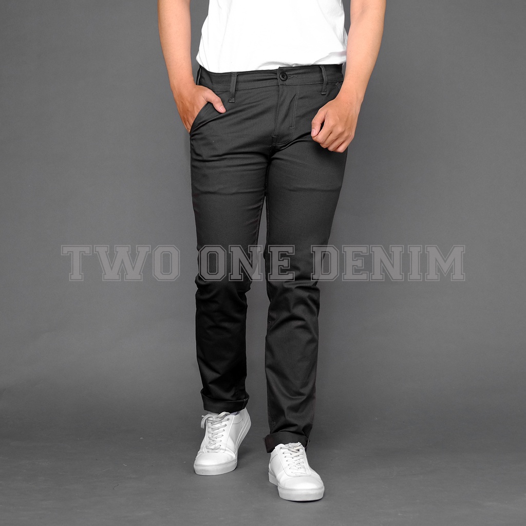 TWO ONE - Celana Chinos Panjang Pria Slim Fit Abu Tua