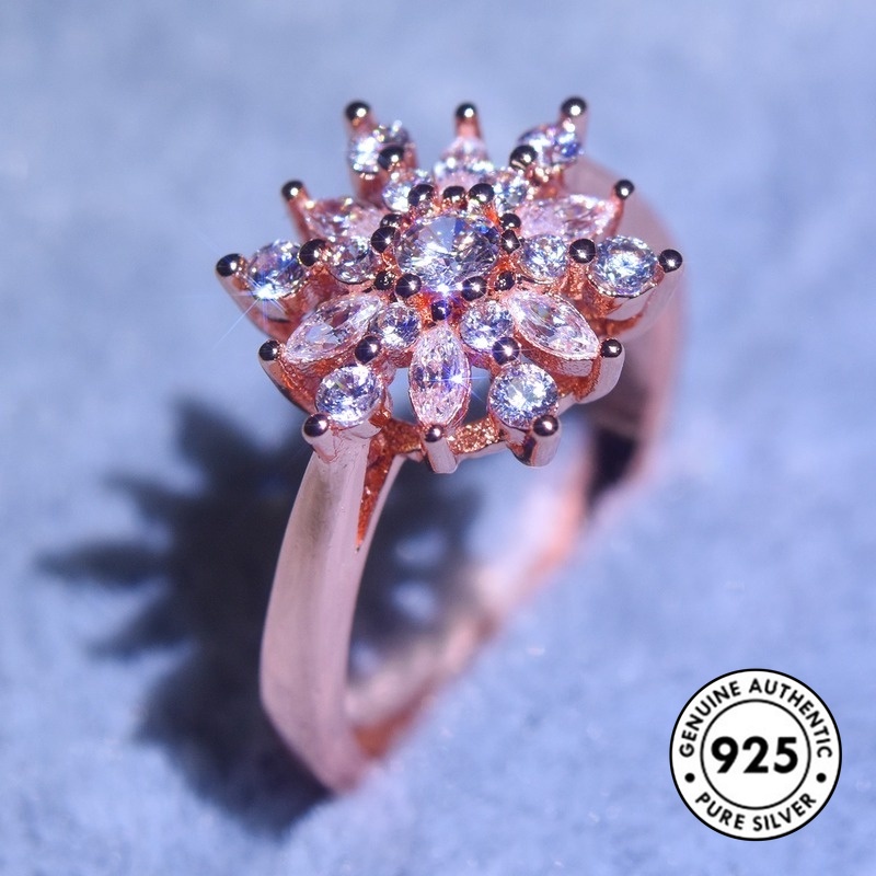 Cincin Desain Snowflake Aksen Berlian Bahan S925 Silver Warna Rose Gold