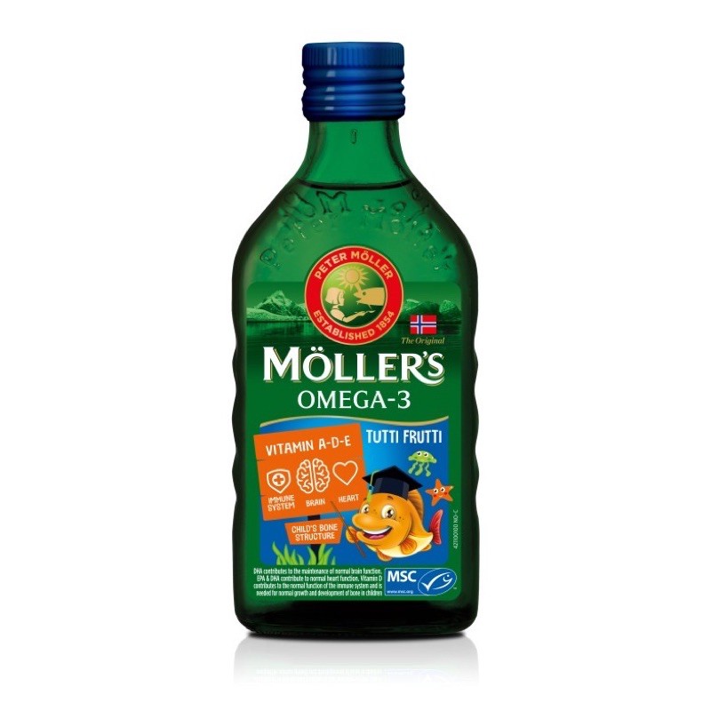 Mollers Tran Cod Liver Oil Tutti Frutti , Neutral, Lemon, Apple, Pharma (Vitamin A, D, E) 250 ml COD liver Omega 3