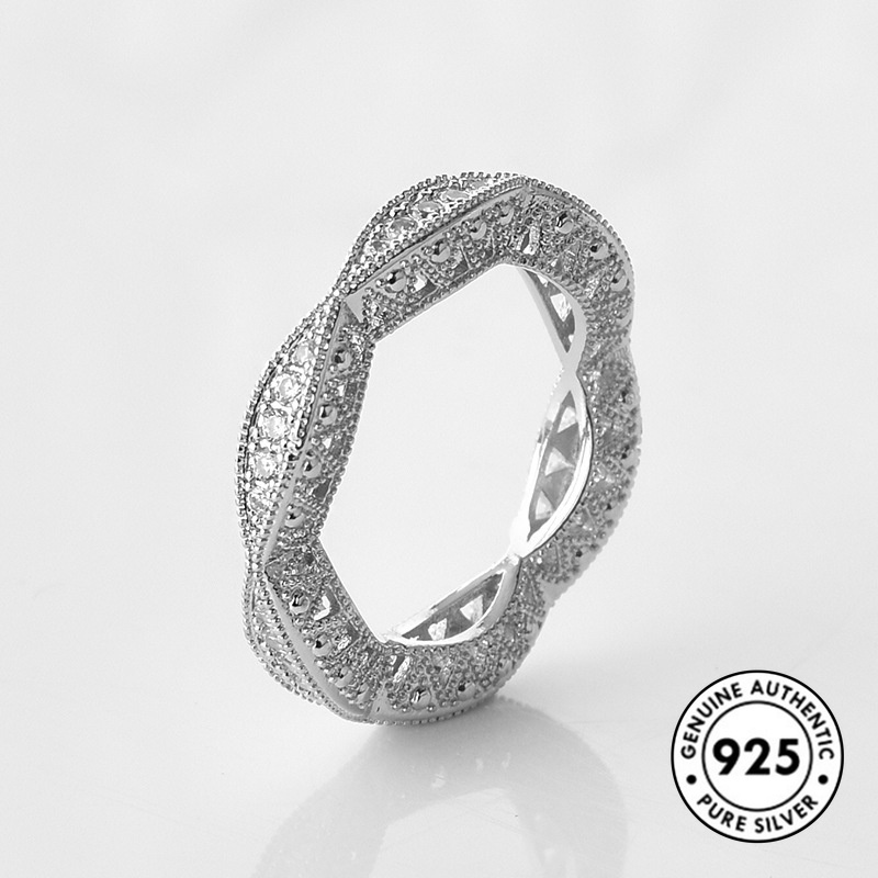 Cincin S925 Silver Bentuk Bulat Model Hollow Aksen Berlian Untuk Wanita