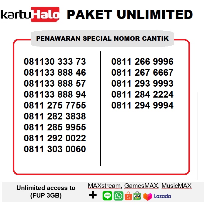 KARTU HALO / NOMOR CANTIK / NOMOR 10 DIGIT TELKOMSEL / NOMOR 11 DIGIT / KARTU HALO PAKET 3 BULAN