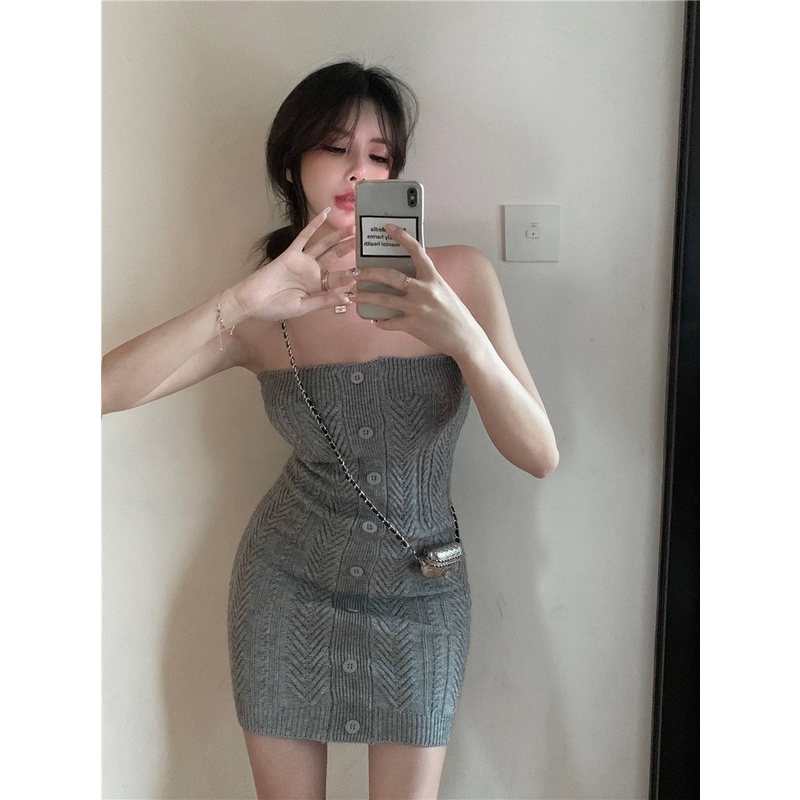 Mini Dress Murni Desire Rajutan Tube Top Gaun Wanita Putih Seksi Gadis Rok Musim Panas Slim Fit Slim