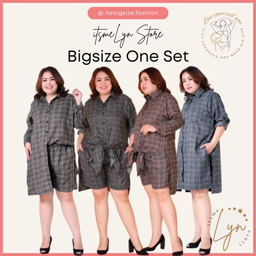 (COD) PROMO BIG SIZE ONE SET MOTIF KOTAK/ SETELAN KEMEJA CELANA WANITA CURVY UKURAN JUMBO/ BAJU LENG