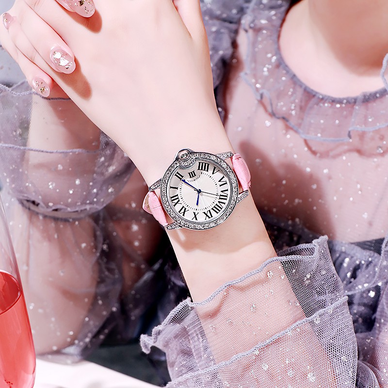 Jam Tangan Wanita Strap Kulit Dial Bulat Romawi Analog Fashion Quartz Korean Import