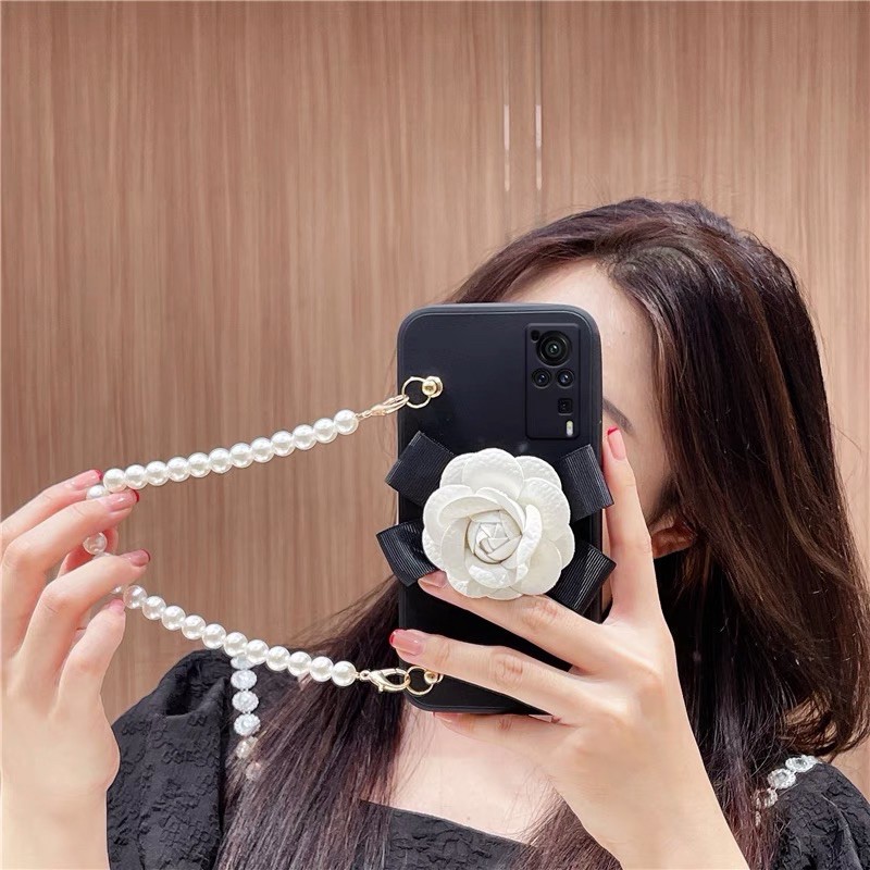 Flower Ribbon Case + Pearl Chain Iphone 12 11 pro max Samsung A32 A52 Vivo Y50 V21 Se Y20 Realme 6 7