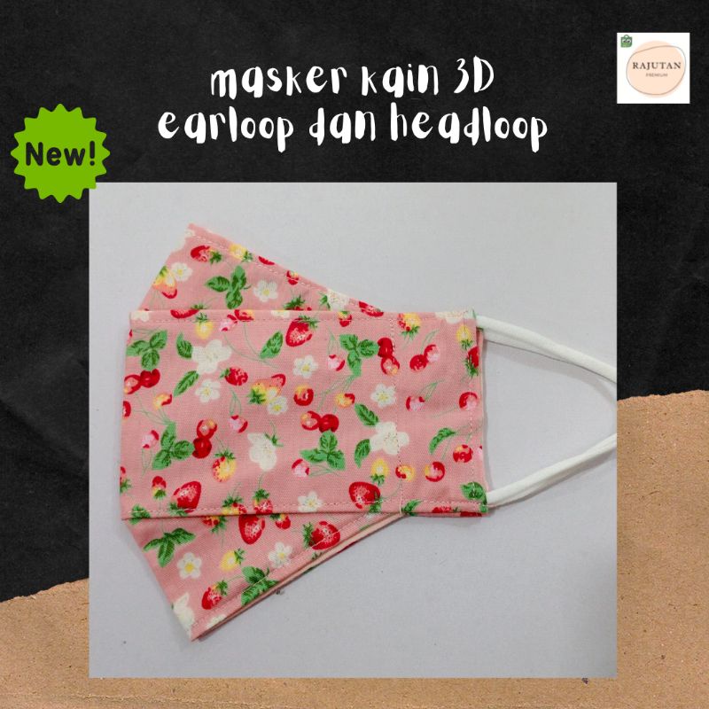 masker kain katun motif strawberry pink 3d evo kf94 berwarna unisex murah tebal earloop hijab karet