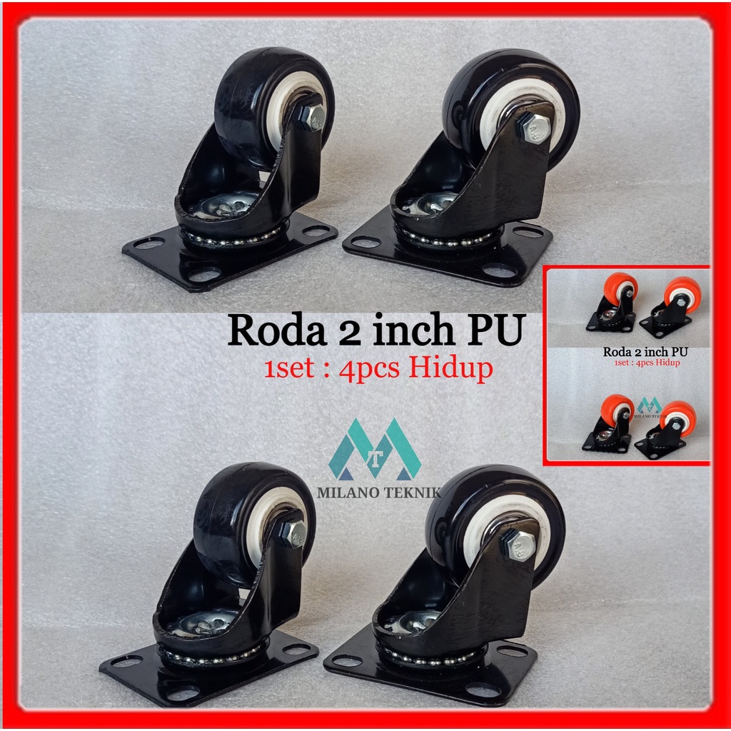 Roda 2 inch PU+Bearing (1set:4pcs Hidup) caster Troli Rubber Karet 2&quot;