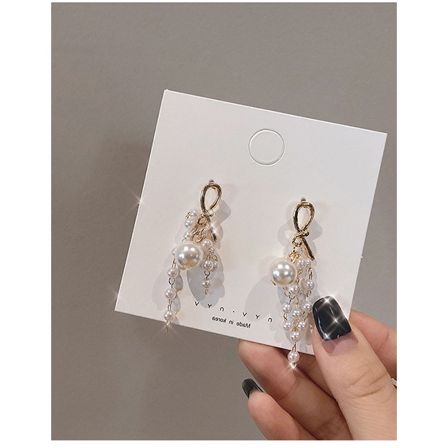 LRC Anting Tusuk Fashion Golden Pearl Tassel Knotted Earrings D89676