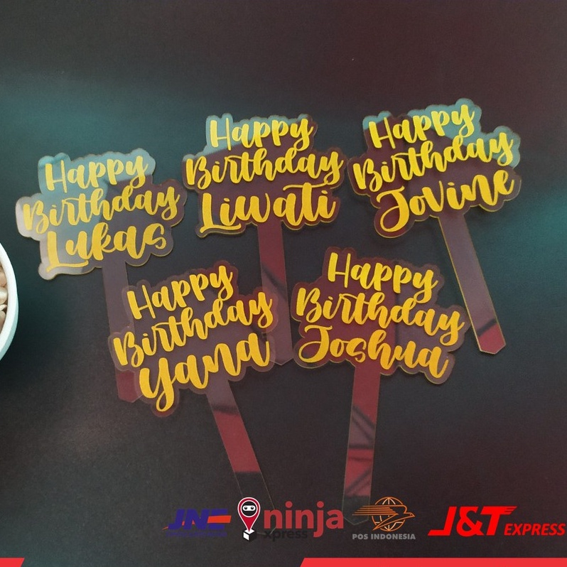 JUAL Topper Happy Birthday Bahan Akrilik Transparan Tulisan Warna Emas Topper kue Custom 1 HARI happ
