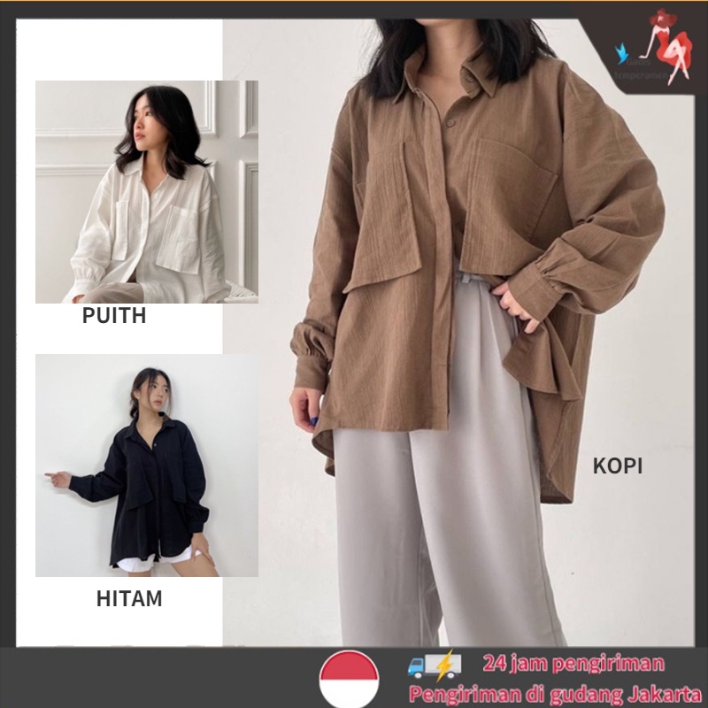 Kemeja Wanita Import Linen Oversize Crinkle Lengan Panjang Wanita Kemeja Polos