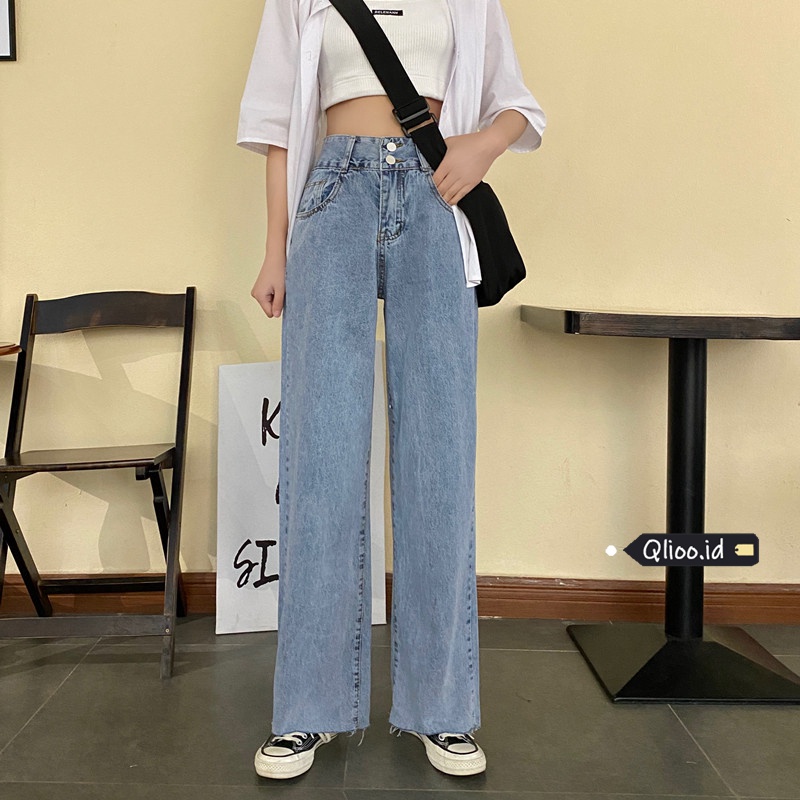 Celana Jeans Wanita High Waist Straight Pants Korean Style Celana Panjang