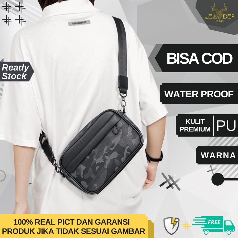 Tas Selempang Kulit Pria Original Waterproof Warna Hitam Loreng Atau Tas Kulit Slingbag Jalan Cowok Terbaru Ori Keren Import Motif Simpel Berkualitas ORIGIN B53