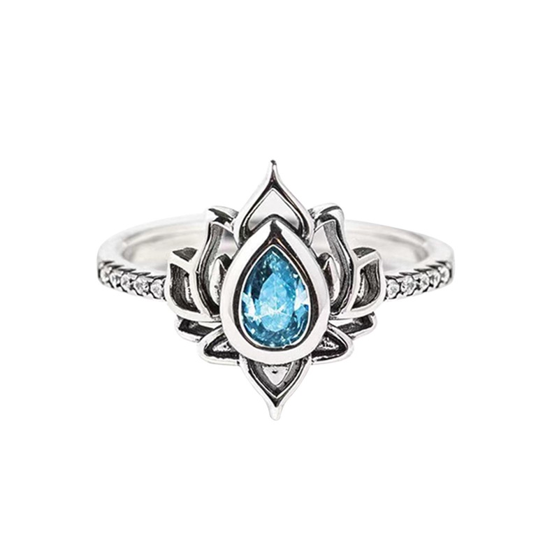 Cincin Berlian Imitasi Bentuk Bunga Teratai Warna Biru Laut Putih Gaya Boho Vintage Untuk Wanita