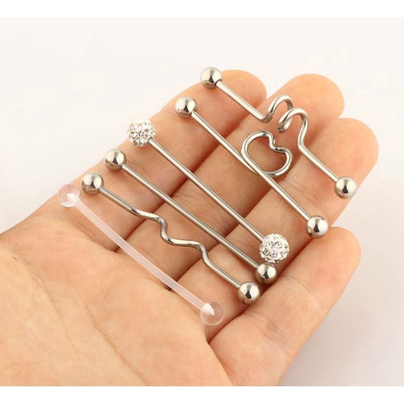 6Pcs/sets Stainless Steel Industrial Barbell Scaffold Bar Earring Body Piercing 14g