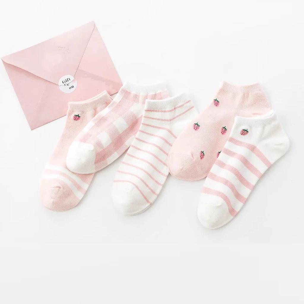 BRGUNIK Kaos Kaki Wanita Motif Kotak Pink Strawberry Fashion Korea Women Sock Import R601