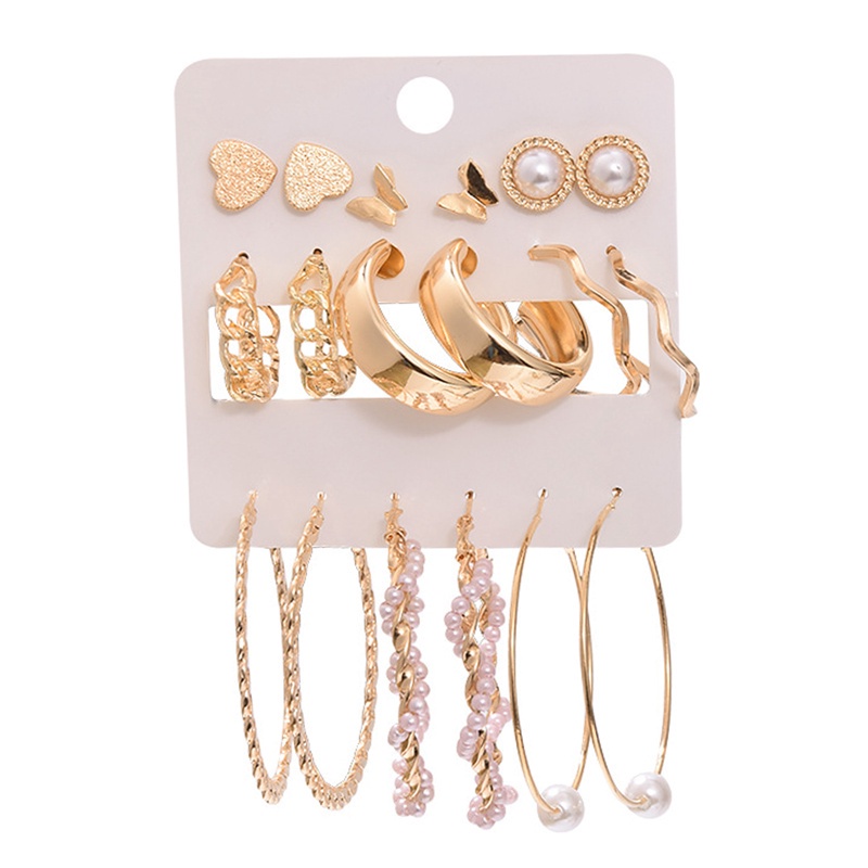 Fancyqube 9 Pasang / Set Anting Stud Desain Bunga Kristal Mutiara Rumbai Oversized Gaya Vintage