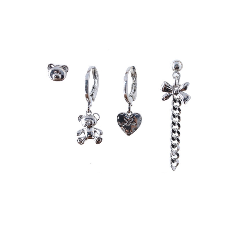 IFYOU Anting Stud Desain Beruang Hati Butterfly Warna Silver Gaya Vintage Korea Untuk Wanita