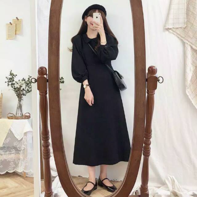 Dress kerah boneka slim warna polos gaya retro untuk muslim