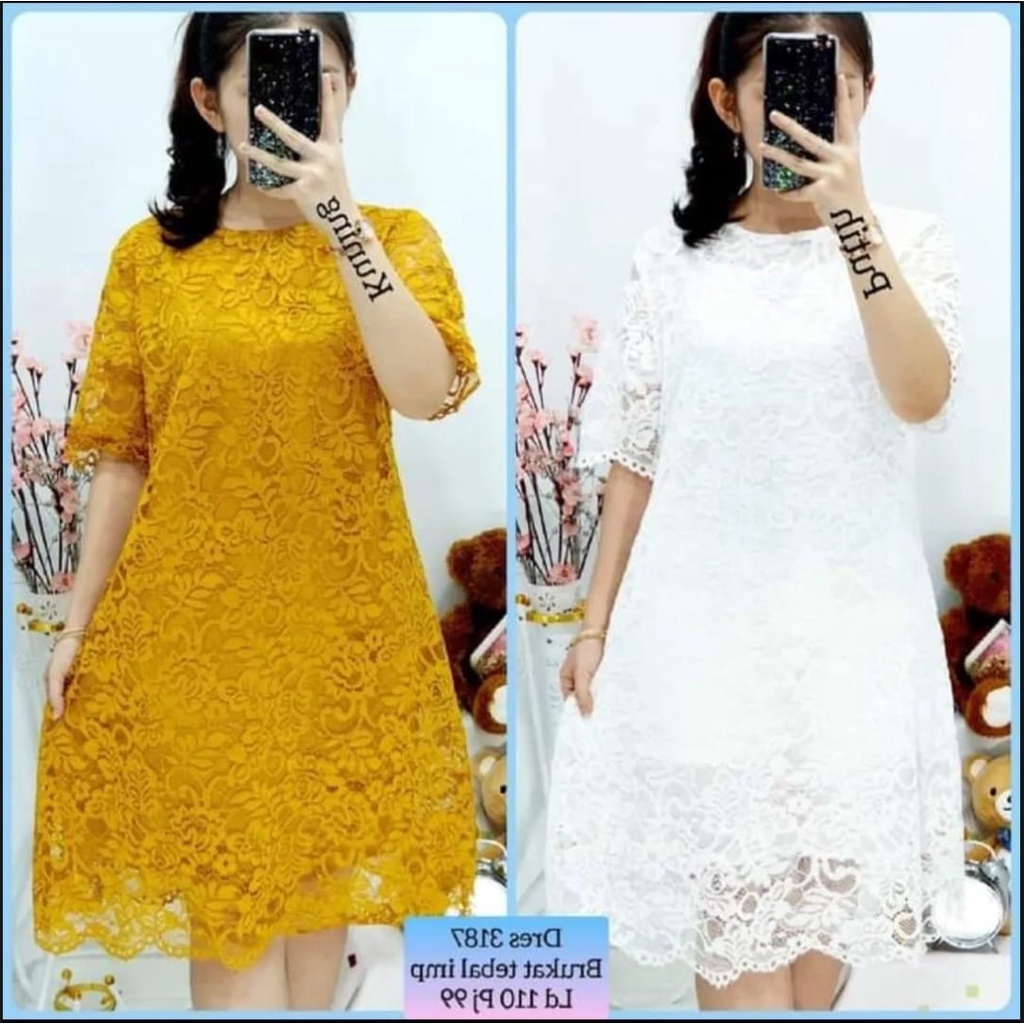 Dress putih brukat midi korea paskah natal imlek terbaru dress babydoll dress brukat murah dress bro