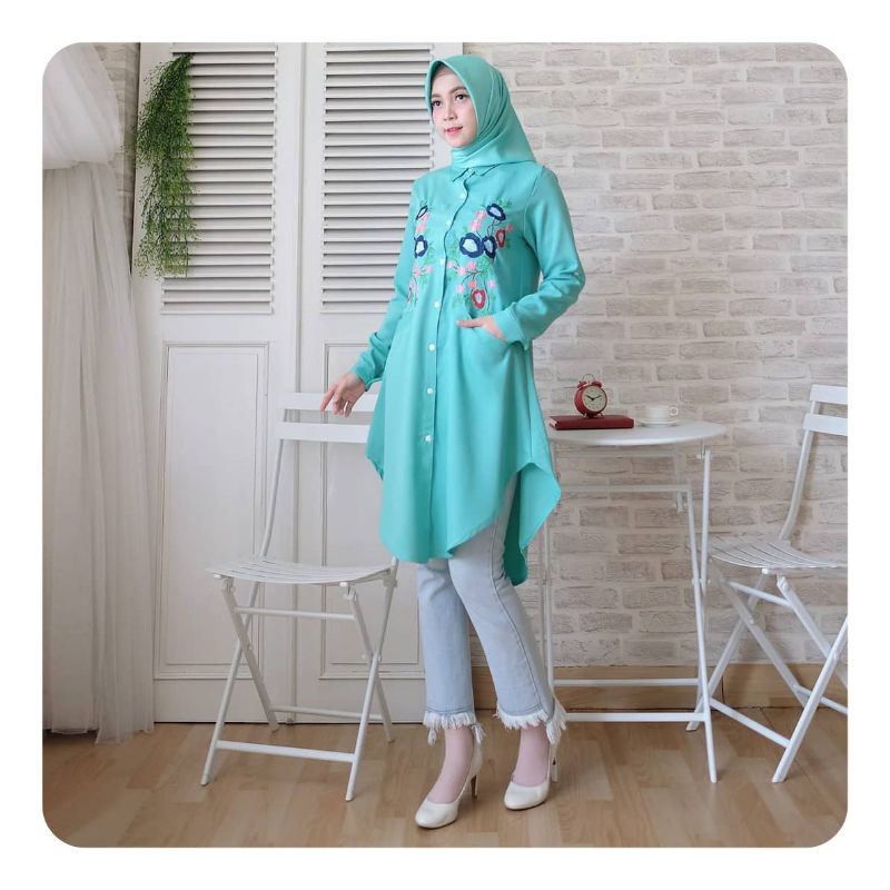 TUNIK KEKINIAN ATASAN WANITA CANTIK MOTIF BORDIR BUNGA