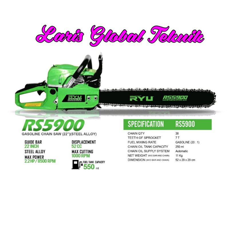 Mesin Gergaji Kayu Chain Saw RYU NP 5900 22" / Gergaji Mesin Kayu
