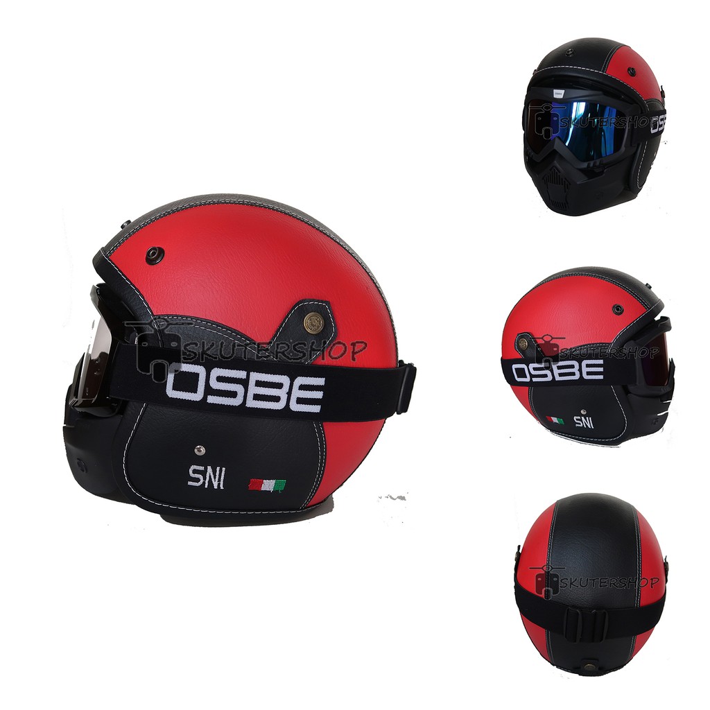 Andriawanhs Helm Retro Klasik Jap Style Merah Hitam Kulit Gogglemask Masker OSBE