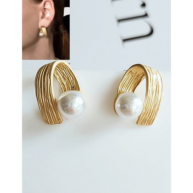 LRC Anting Tusuk Fashion Yellow Geometric Pearl Alloy K51412