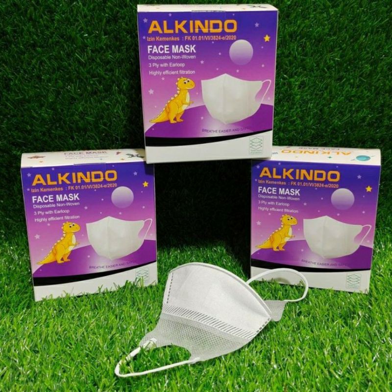 Masker anak Duckbill Alkindo / facemask 3ply isi 50pcs warna putih polos