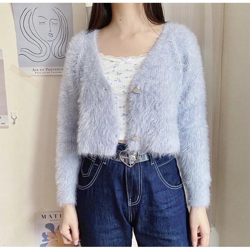 Jesi Knit Cardigan Fury Cardigan outer bulu fluffy button cardi crop vneck cardy fur outer rajut kor