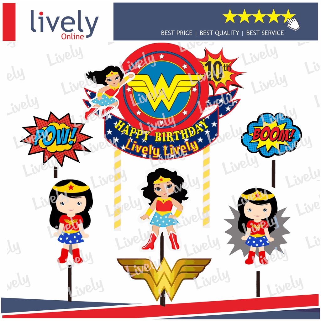 CUSTOM NAMA CAKE TOPPER KARAKTER WONDER WOMAN HIASAN KUE ULANG TAHUN HAPPY BIRTHDAY