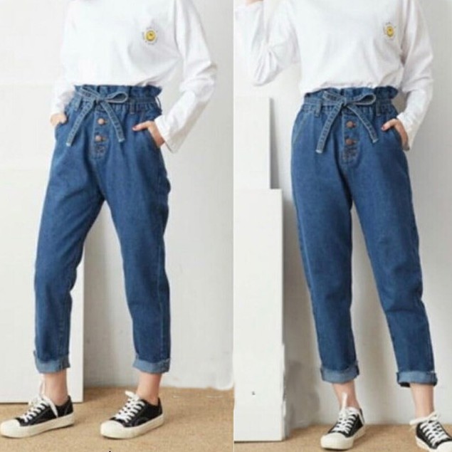 HOPYLOVY - Celana Boyfriend Jeans Wanita Pinggang Karet BF Comfy Ezra 3020